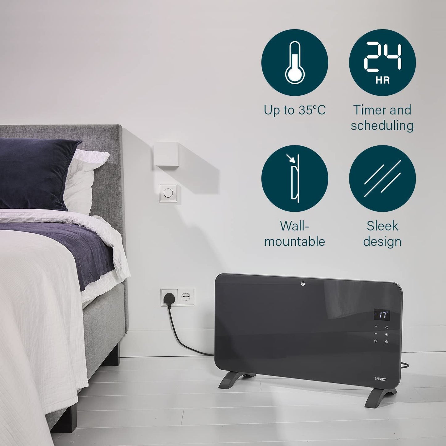 Princess Smart 1500w Grey Glass Panel Heater