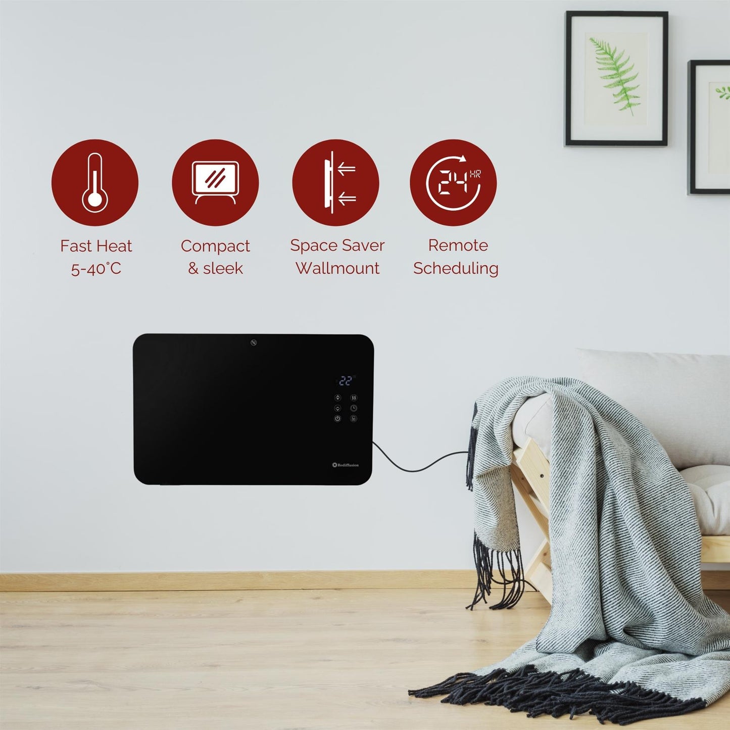 Rediffusion Smart Glass Panel Heater 1000W Black