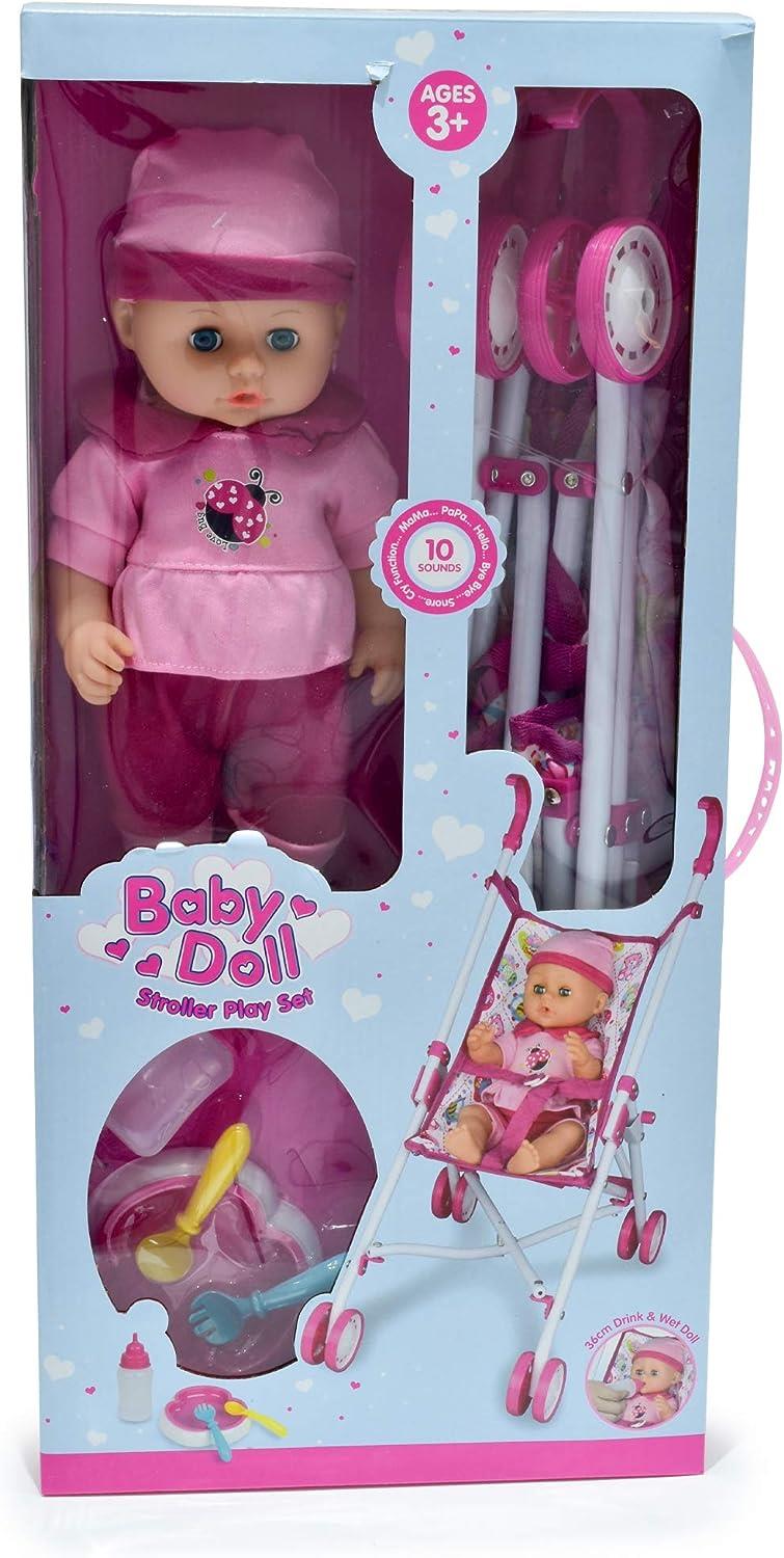 KandyToys Baby Doll Set with Stroller - Pink