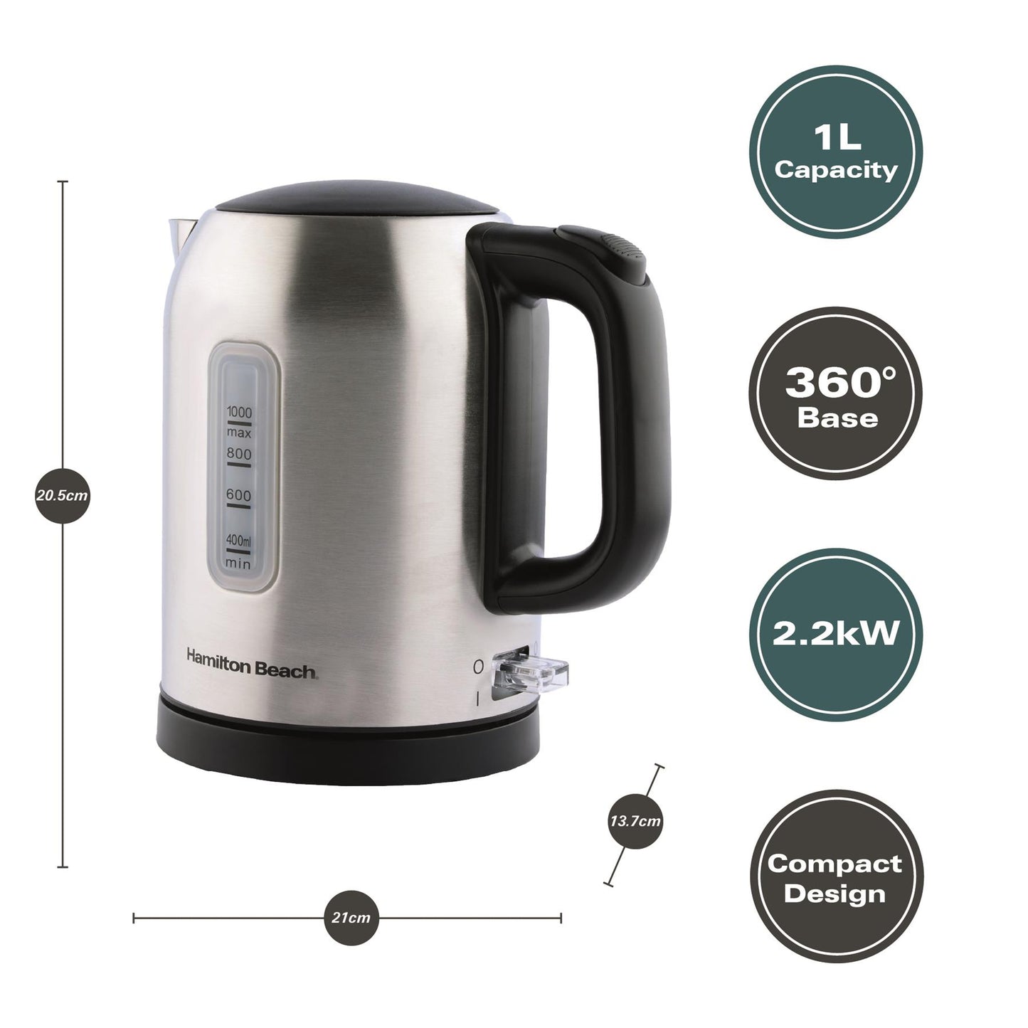 Hamilton Beach Compact 1L Kettle & Rise 2 Slice Toaster Set - Stainless Steel