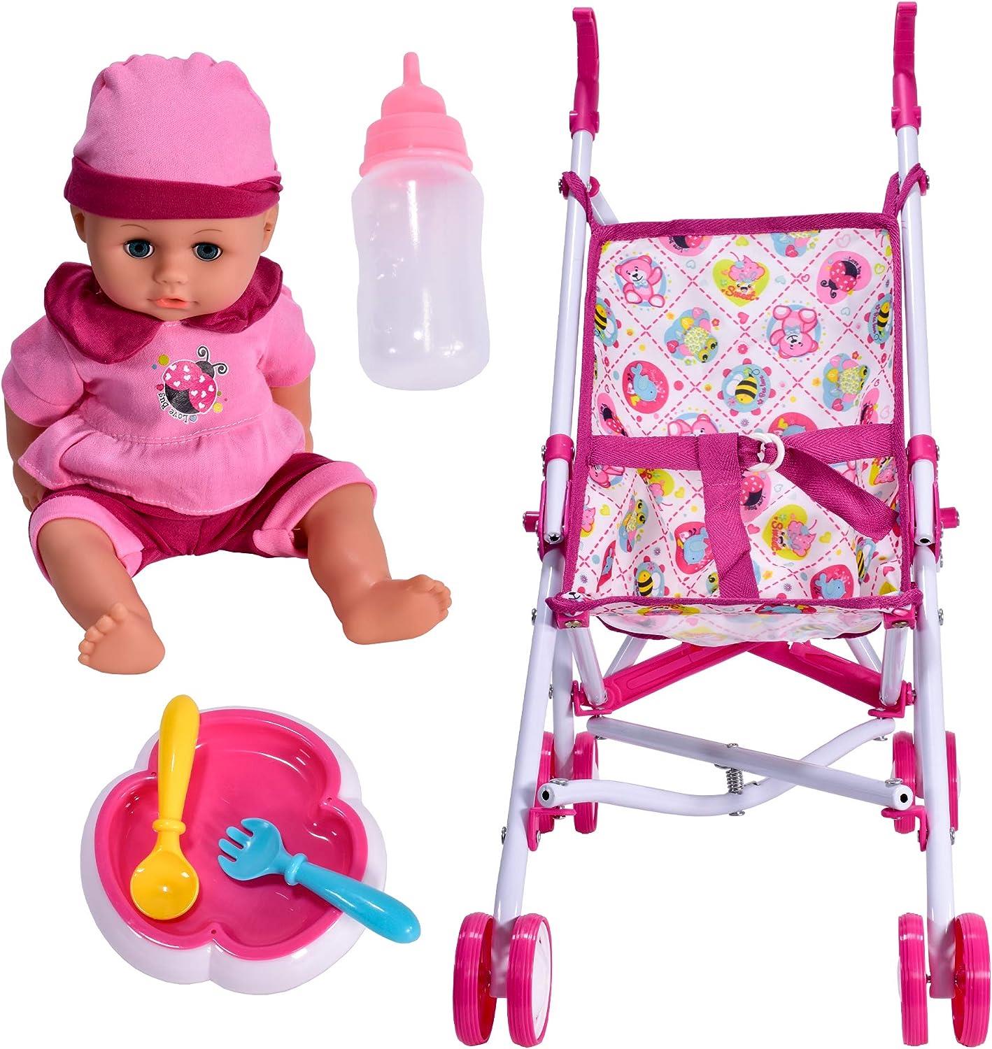 KandyToys Baby Doll Set with Stroller - Pink