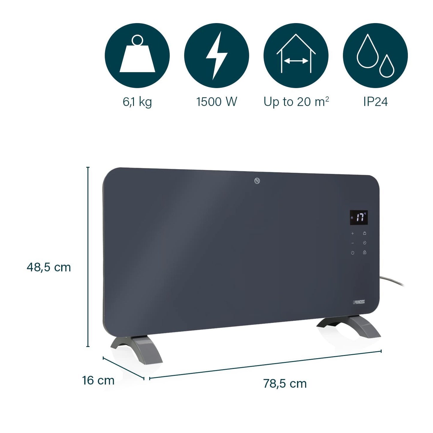 Princess Smart 1500w Grey Glass Panel Heater
