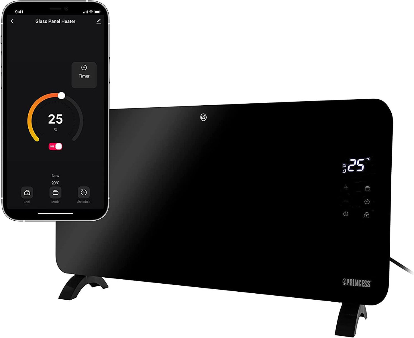 Princess Smart 1500w Black Glass Panel Heater