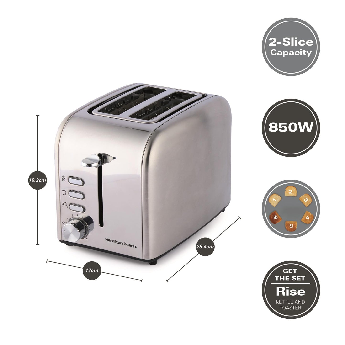 Hamilton Beach Compact 1L Kettle & Rise 2 Slice Toaster Set - Stainless Steel