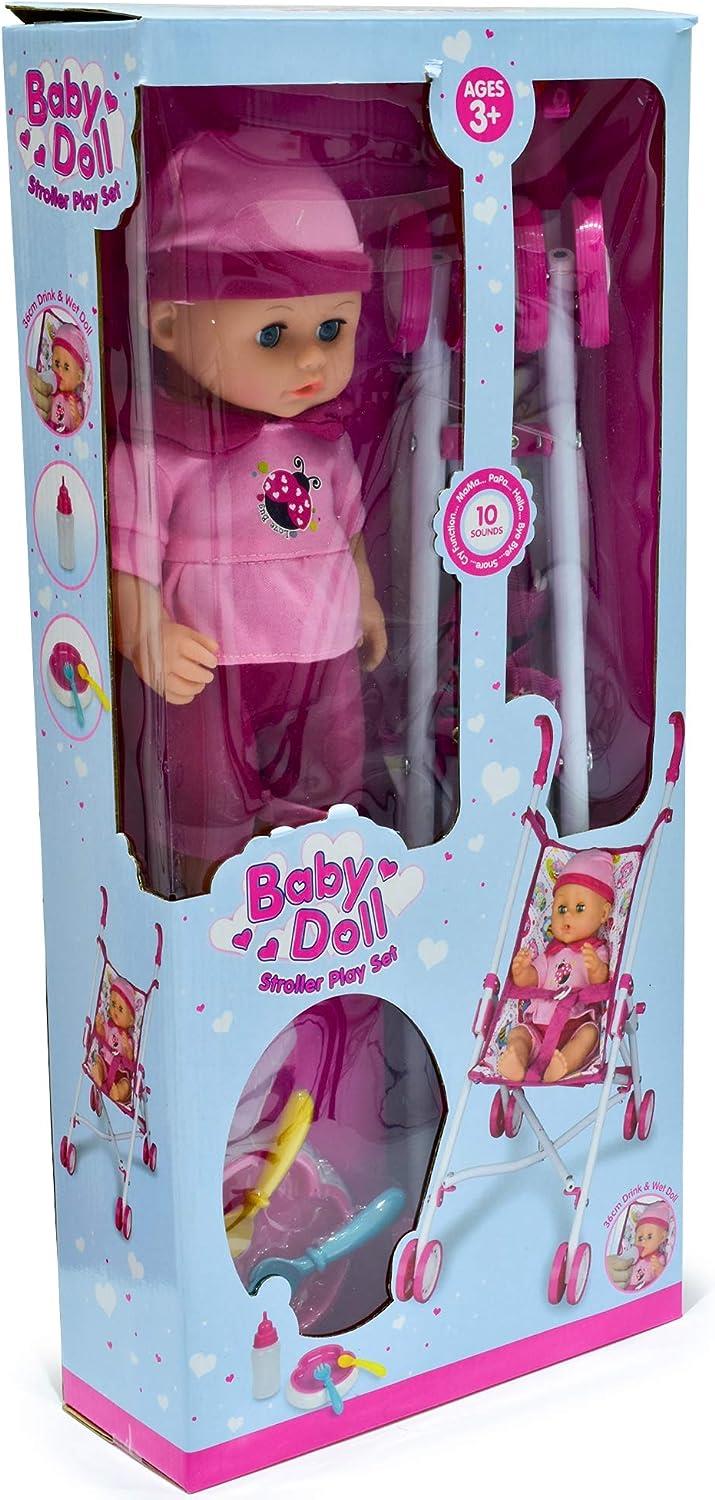 KandyToys Baby Doll Set with Stroller - Pink