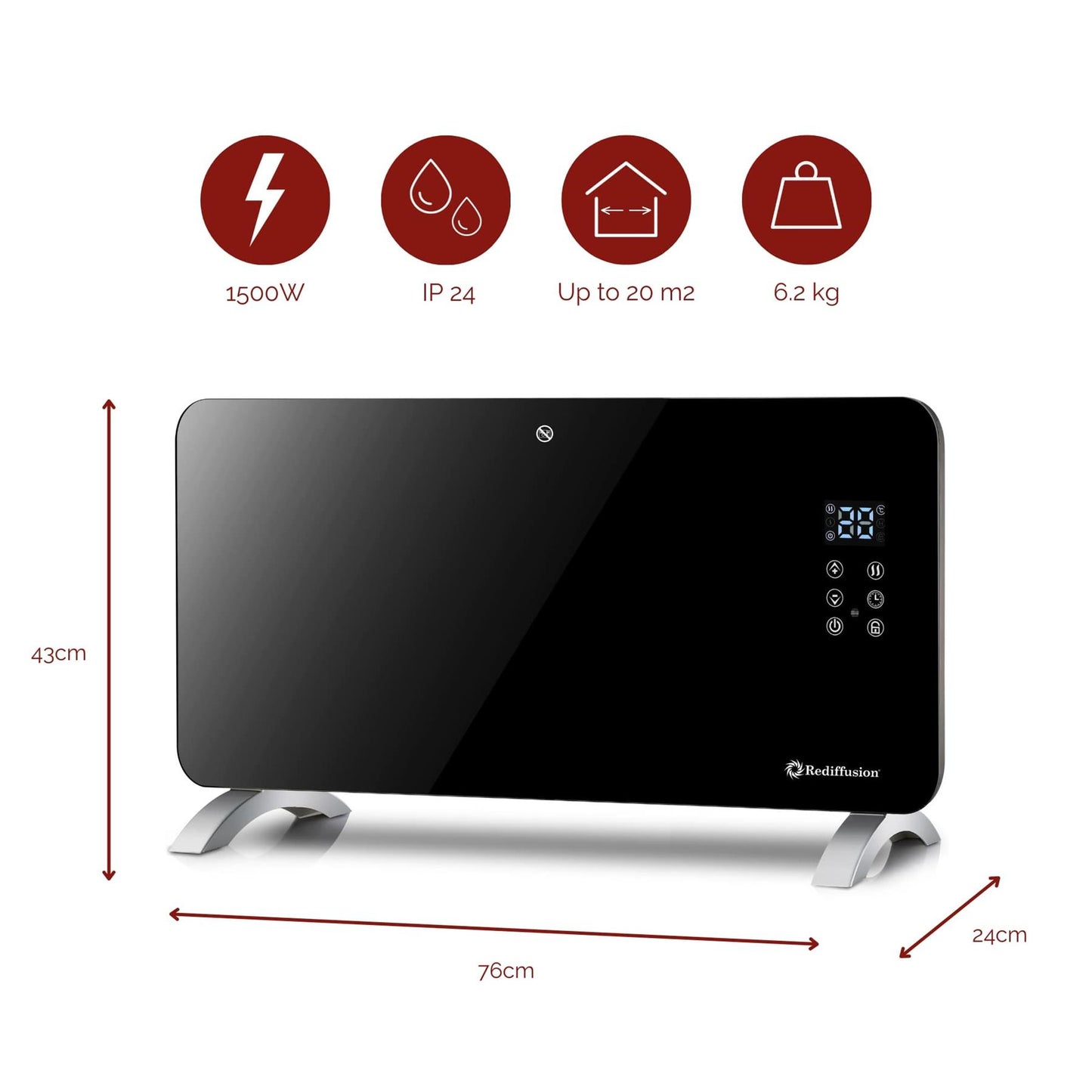 Rediffusion Smart Glass Panel Heater 1500W Black