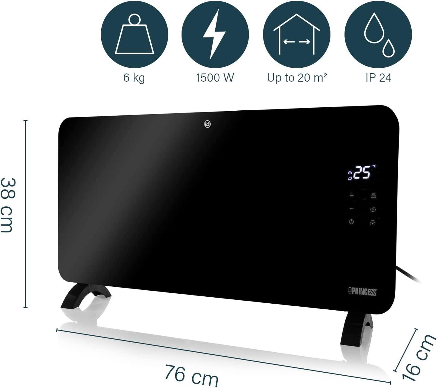 Princess Smart 1500w Black Glass Panel Heater