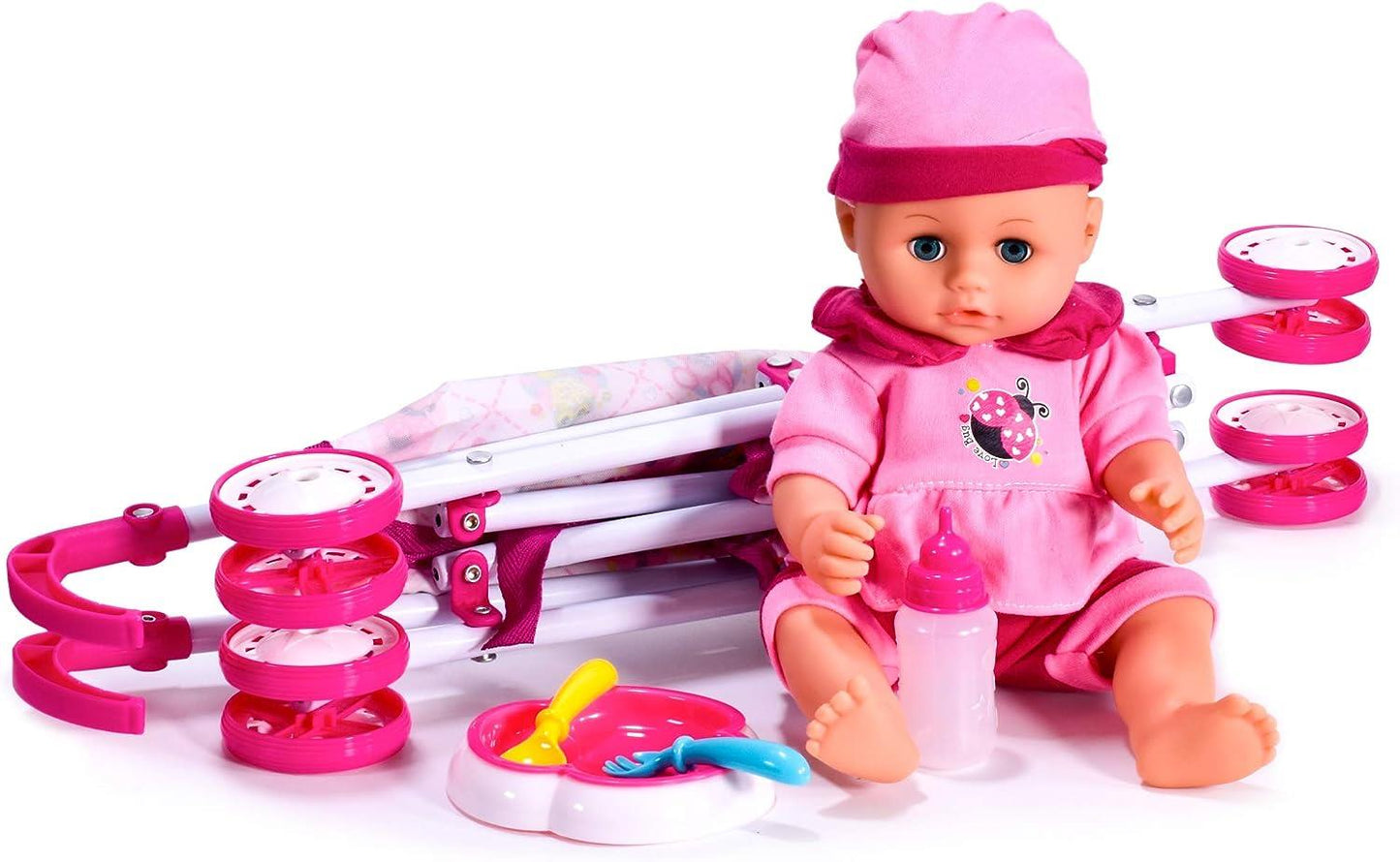 KandyToys Baby Doll Set with Stroller - Pink