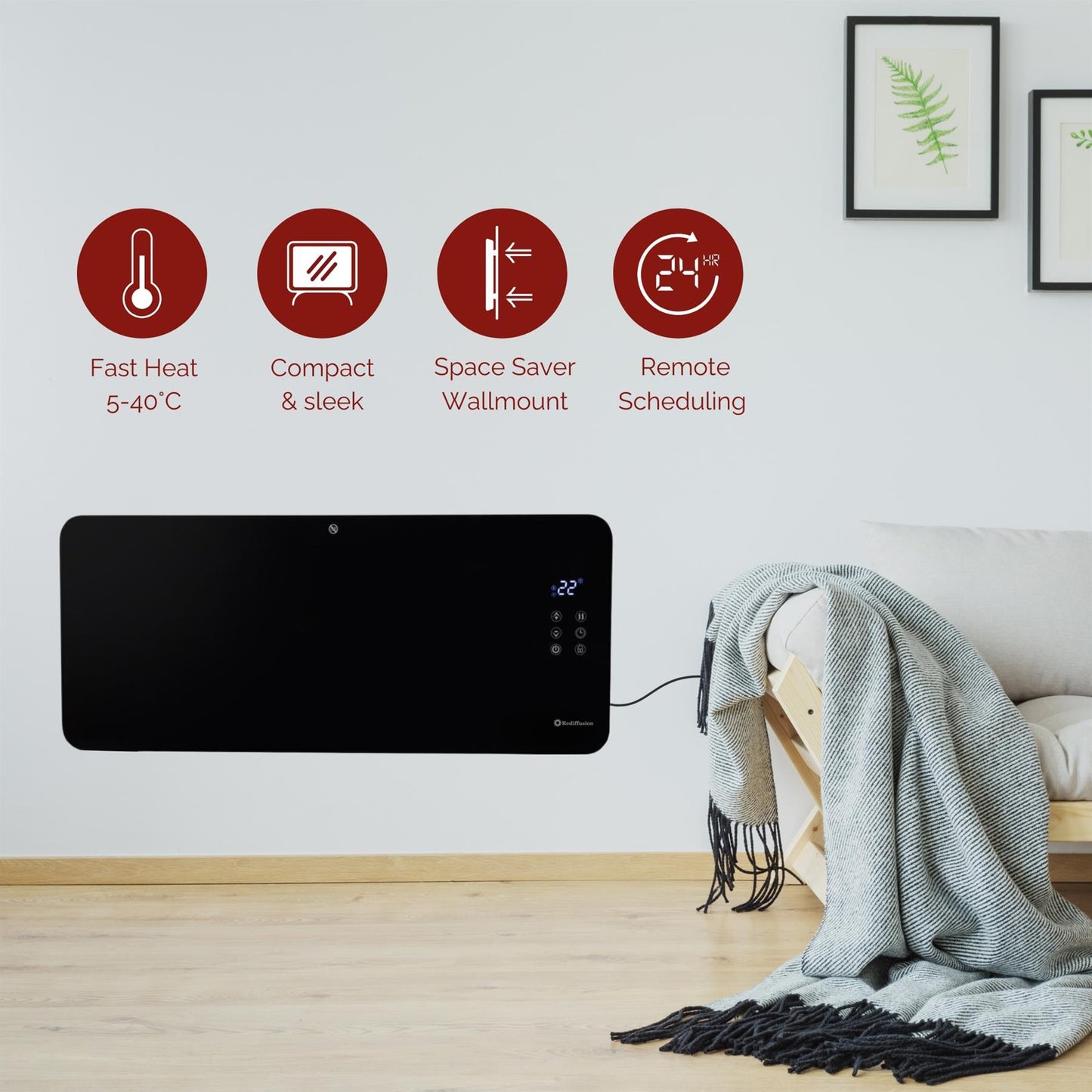 Rediffusion Smart Glass Panel Heater 2000W Black