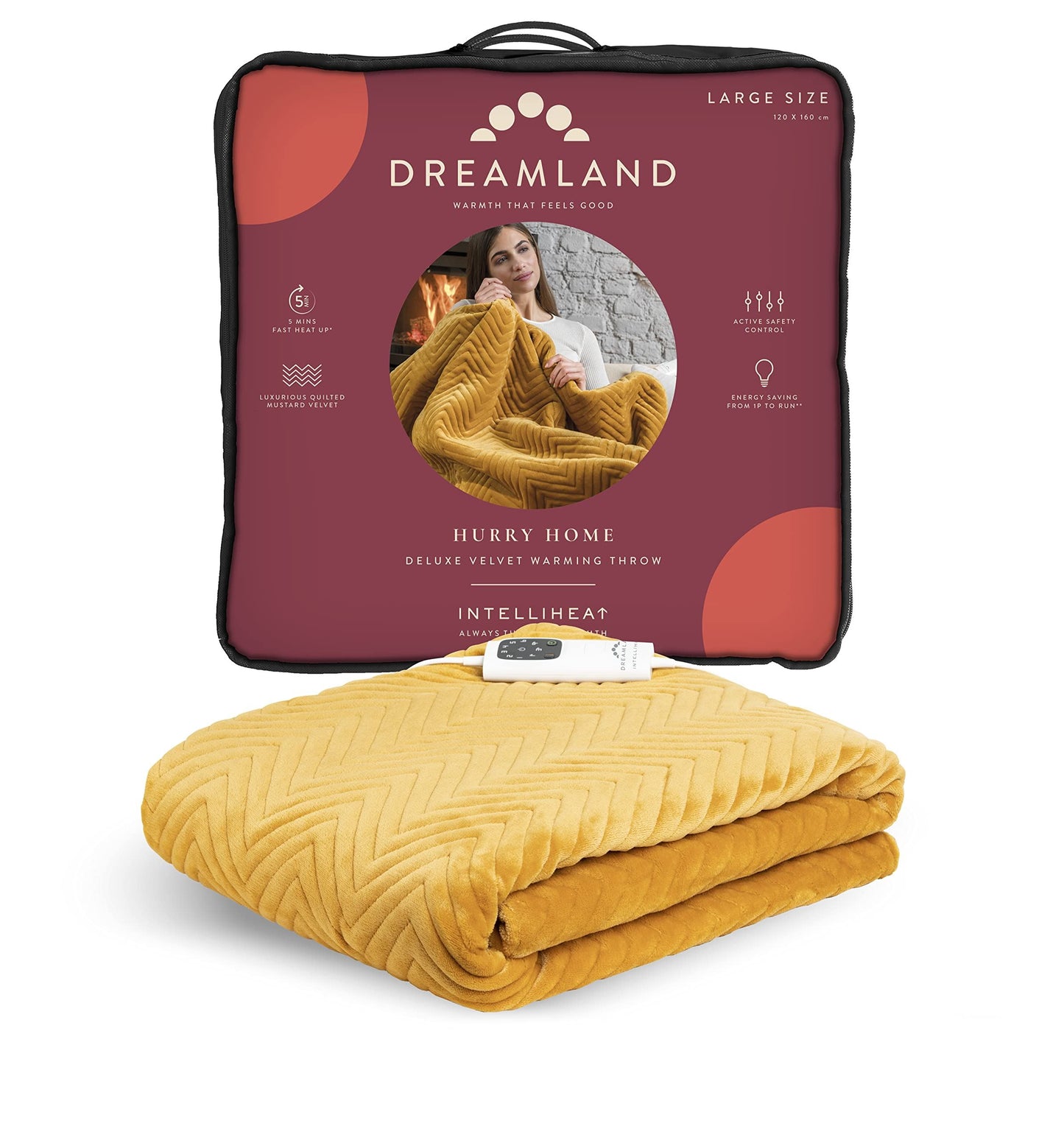 Dreamland Deluxe Velvet Herringbone Mustard Heated Throw