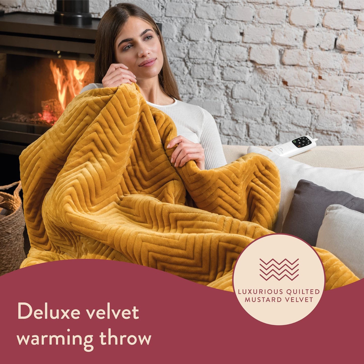 Dreamland Deluxe Velvet Herringbone Mustard Heated Throw