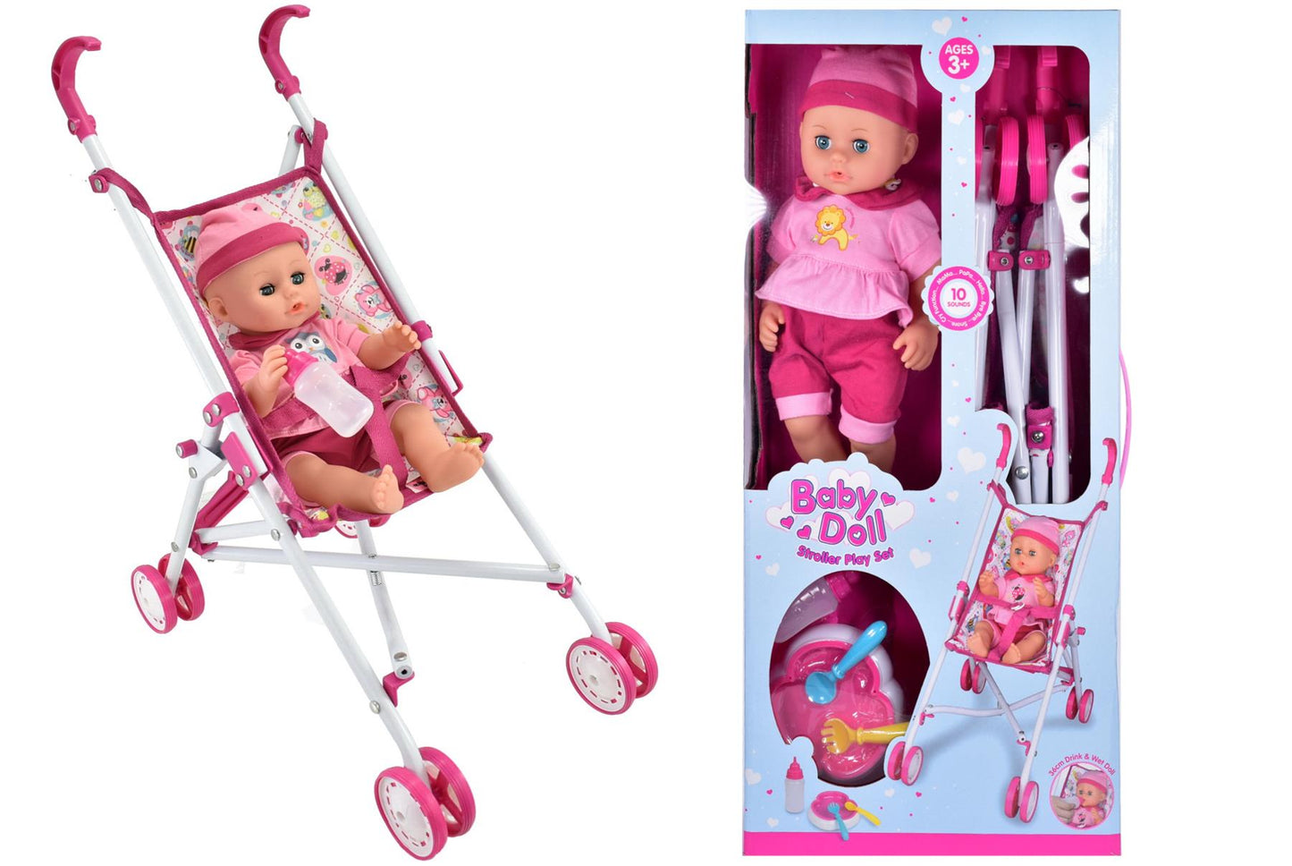 KandyToys Baby Doll Set with Stroller - Pink