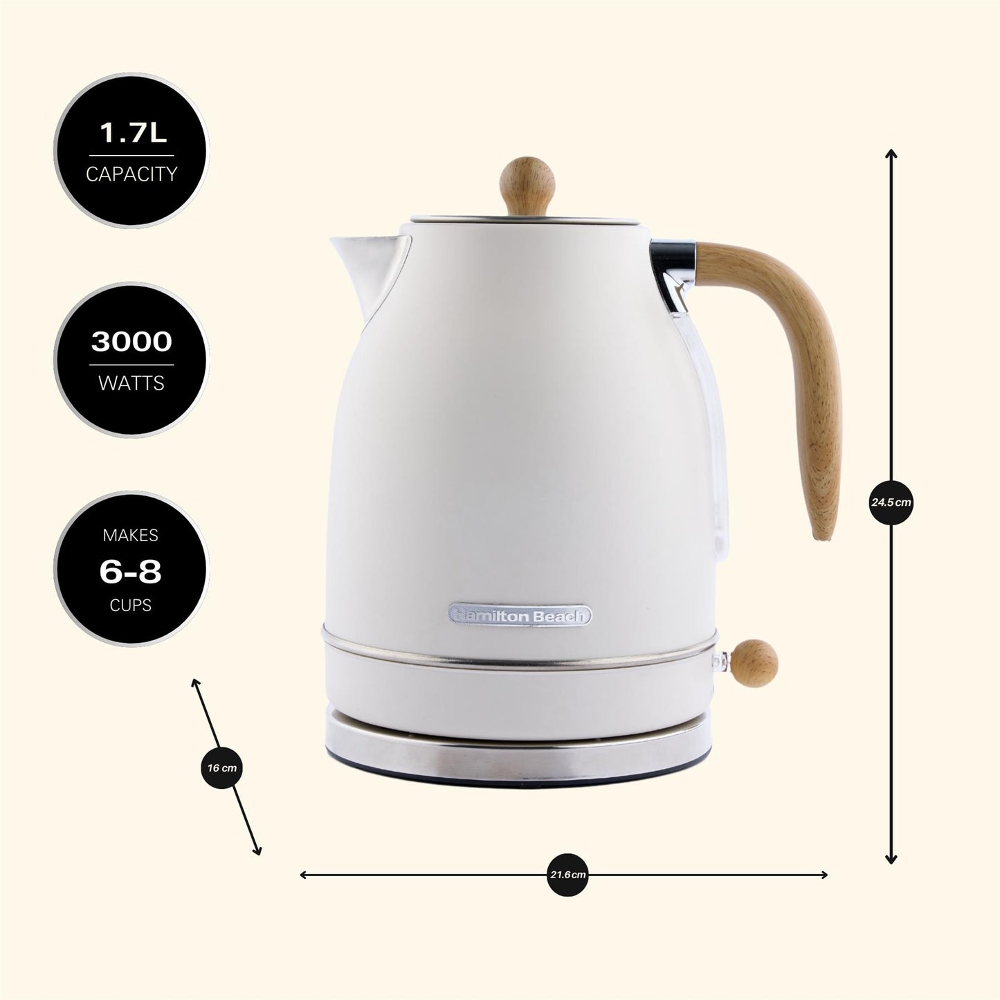Hamilton Beach Scandi 1.7L Jug Kettle Matte Cream with Wood Effect