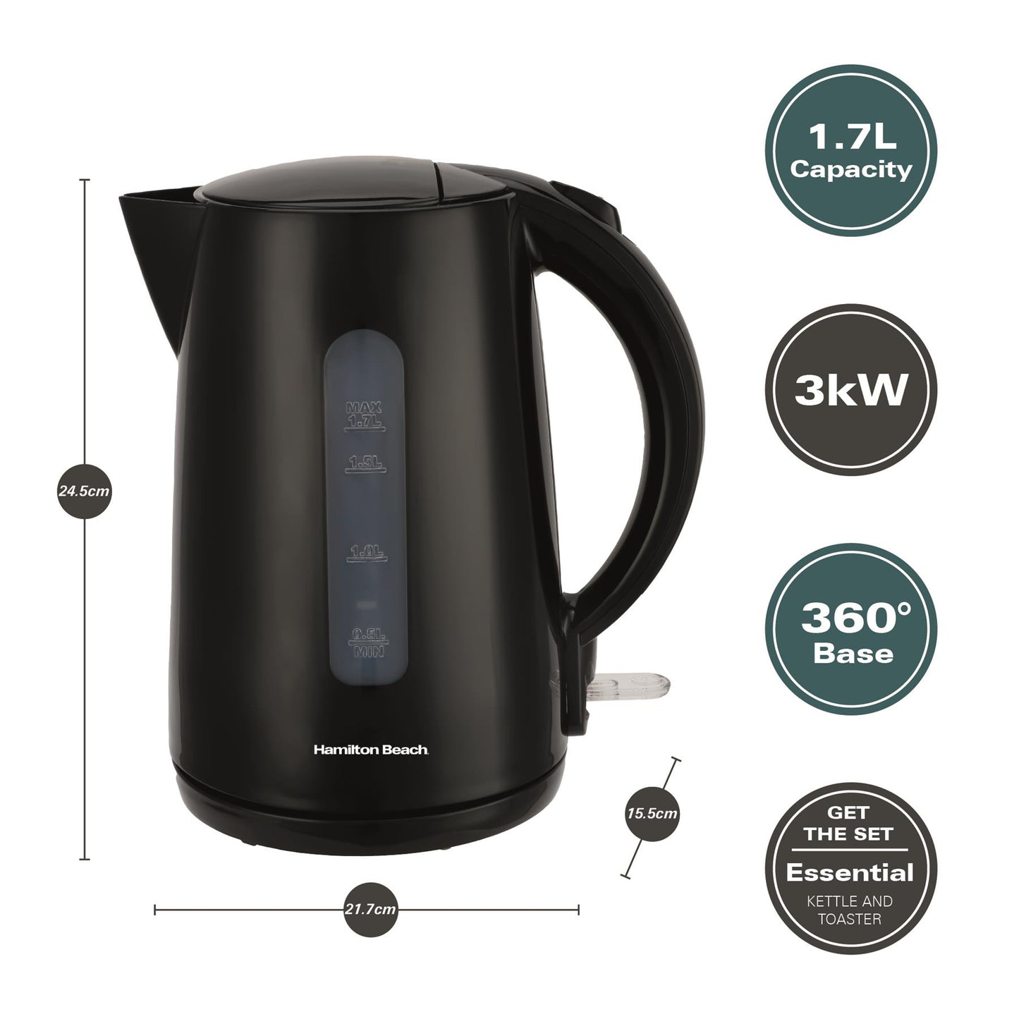Hamilton Beach Essentials 1.7L Rapid Boil Kettle Black