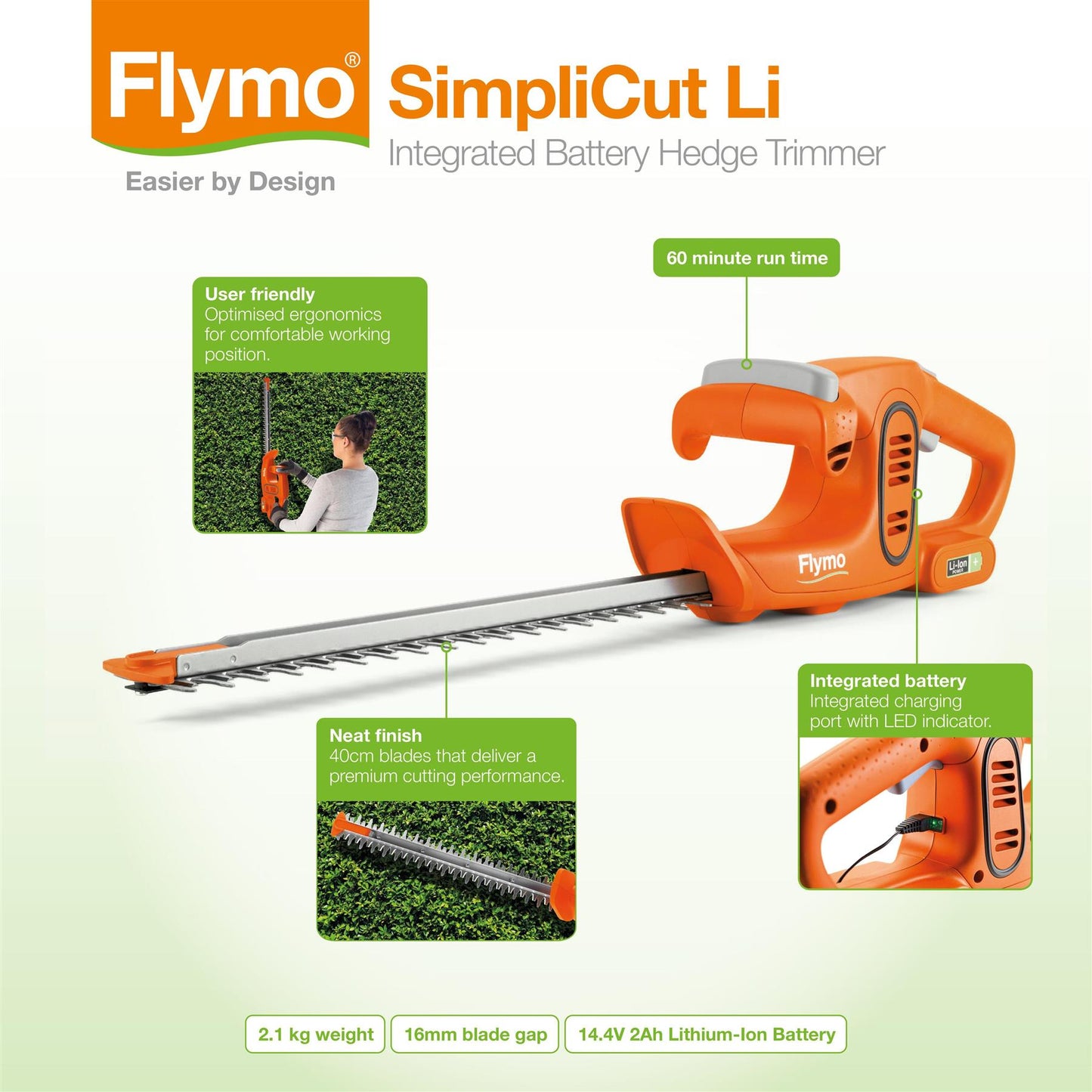 Flymo SimpliCut Li Cordless Battery Hedge Trimmer - Lightweight 14.4 V Li-Ion Battery Integrated (Including Charger), 40 cm Blade Length, 16 mm Blade Gap, Premium Cutting Performance