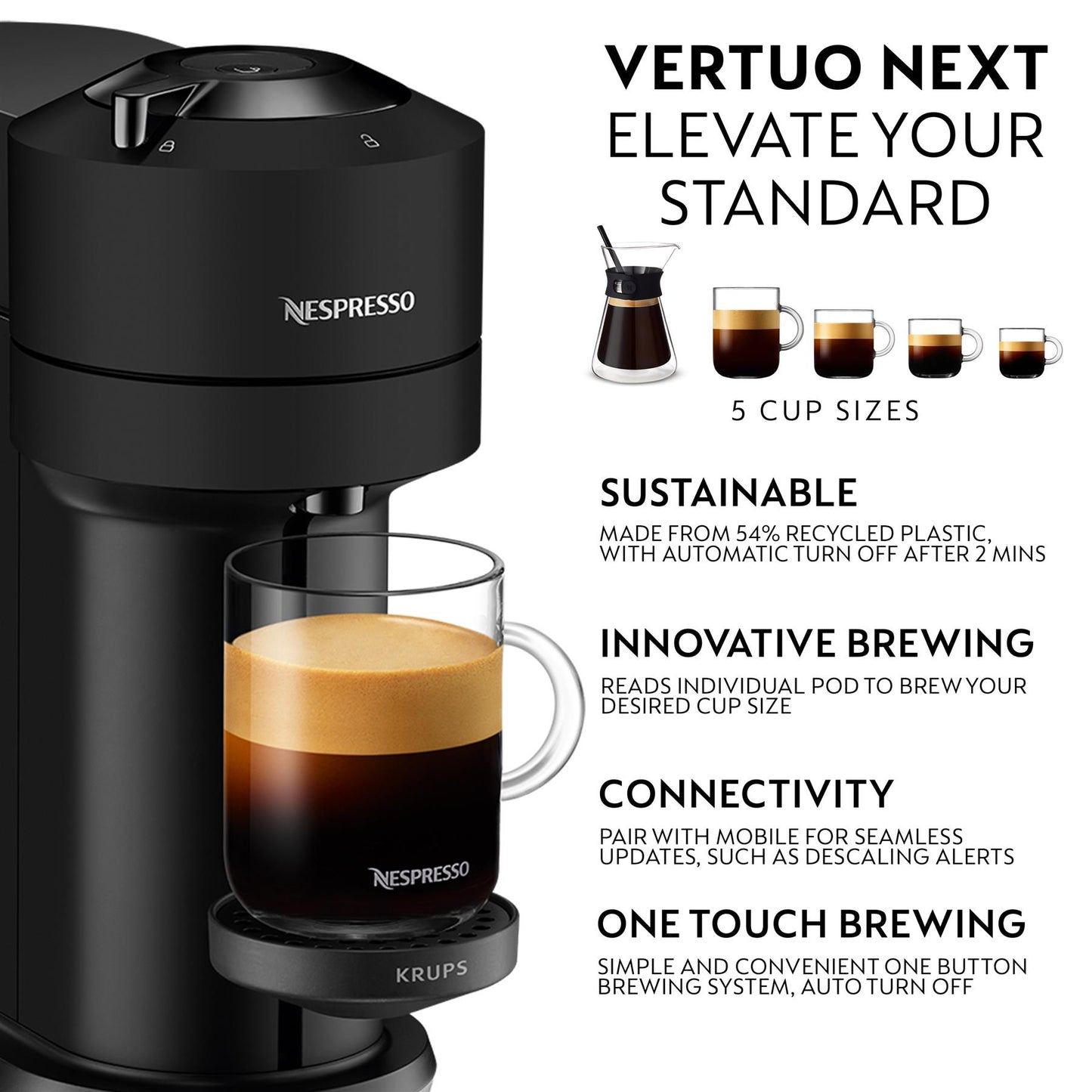 Nespresso Matt Black Vertuo Next Coffee Machine by Krups