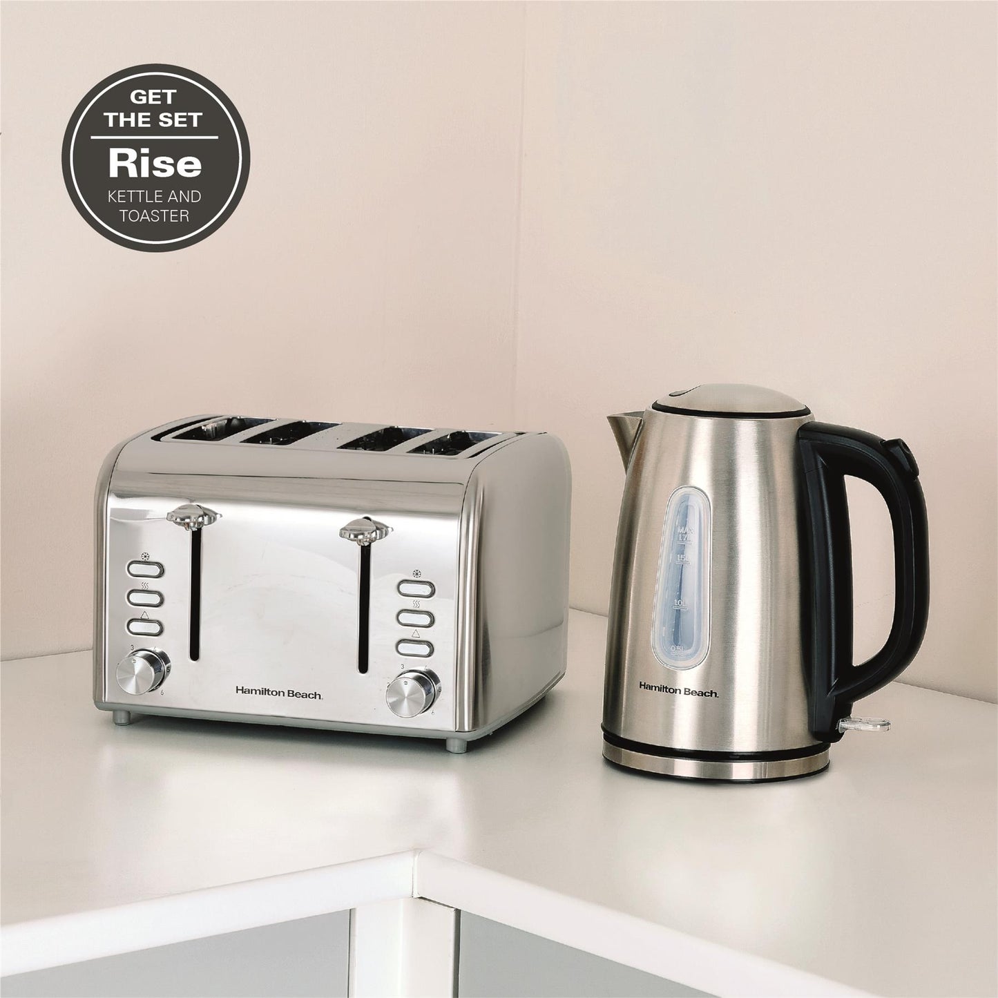 Hamilton Beach Rise Brushed Kettle & 4 Slice Toaster Bundle