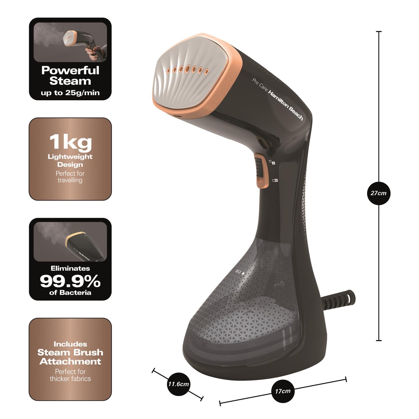Hamilton Beach ProCare Handheld Garment Steamer - Black & Bronze