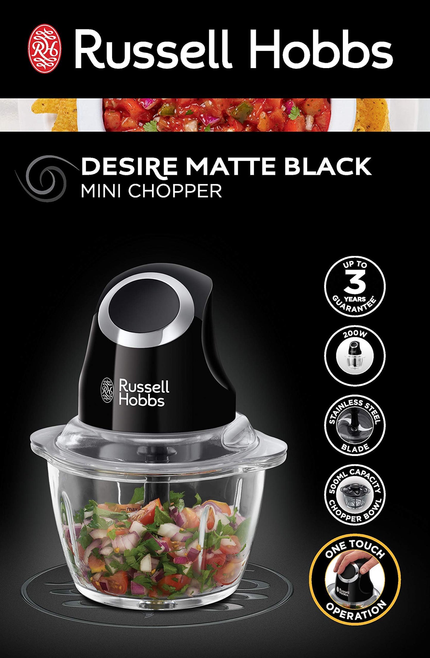 Russell Hobbs 24662 Desire Mini Chopper, Vegetable and Onion Chopper, 500 ml Capacity Glass Bowl, Matte Black, 200 W