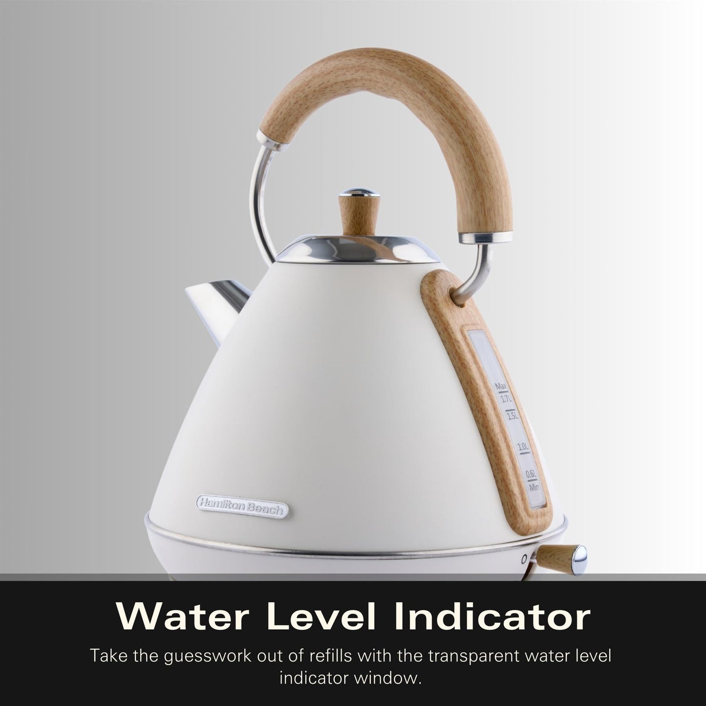 Hamilton Beach Scandi 1.7L Pyramid Kettle Matte Cream with Wood Effect