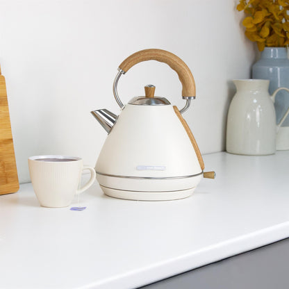Hamilton Beach Scandi 1.7L Pyramid Kettle Matte Cream with Wood Effect