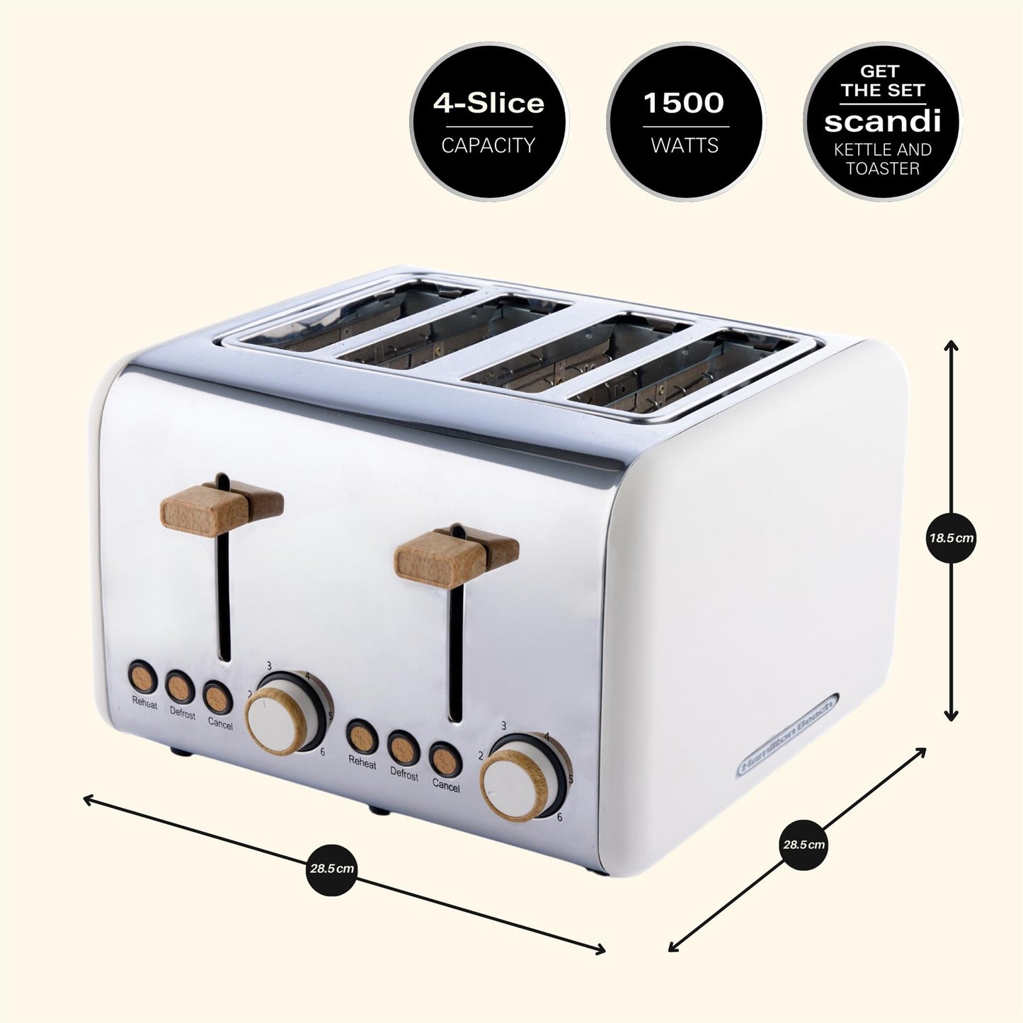 Hamilton Beach Scandi 4 Slice Toaster Matte Cream with Wood Effect