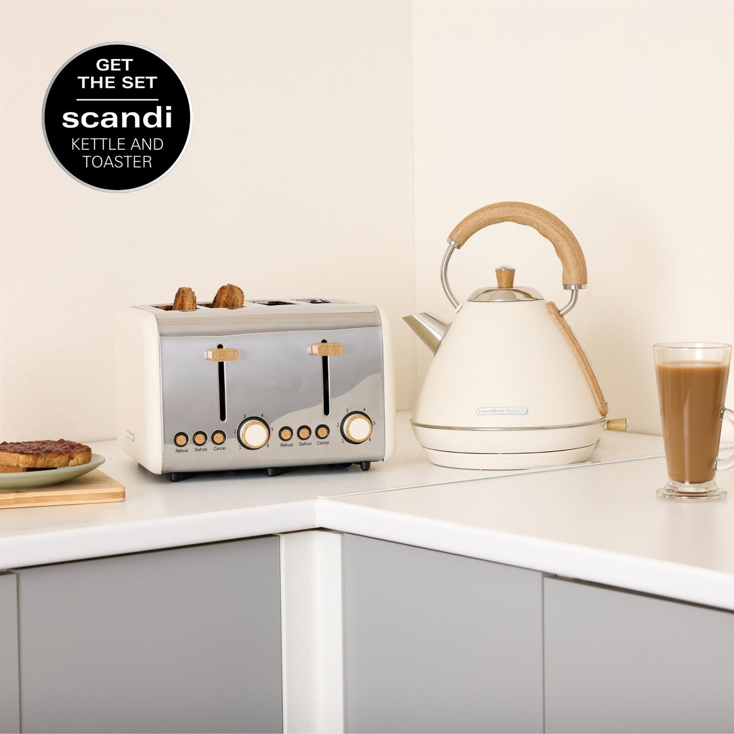 Hamilton Beach Scandi 1.7L Pyramid Kettle Matte Cream with Wood Effect