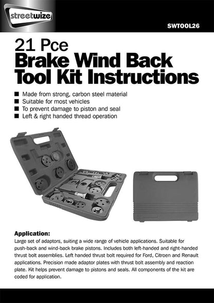Streetwize 21 Piece Brake Wind-Back Tool Kit