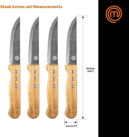 MasterChef 525519 Stainless Steel Steak Knives with Wooden Handles - Set of 4