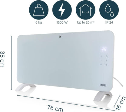 Princess Smart 1500w White Glass Panel Heater