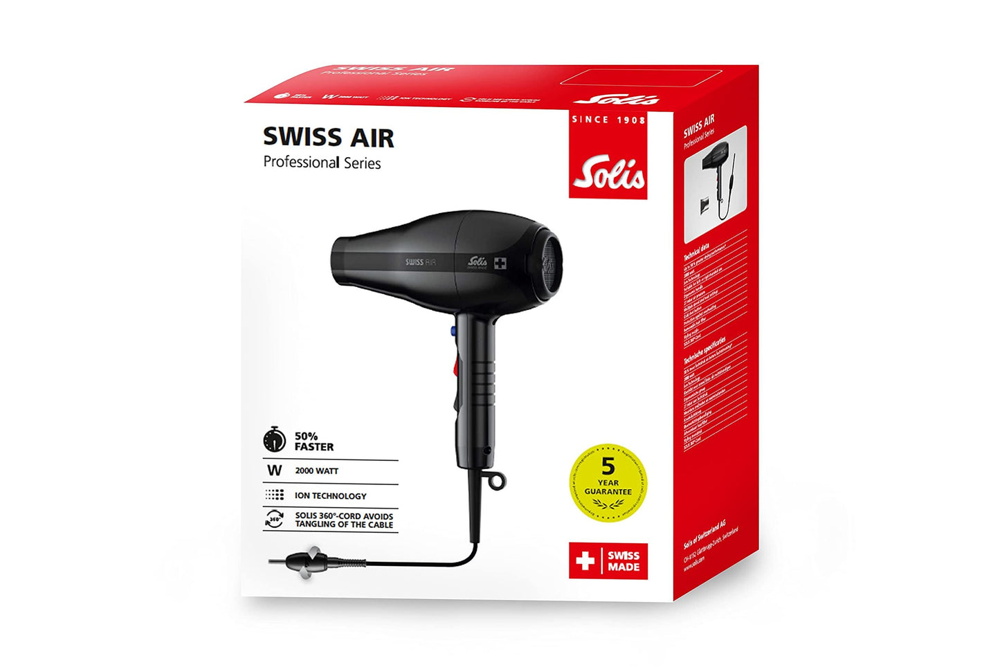 Solis Swiss Air 3802 Hair Dryer - Blow Dryer with ION-technology - 2 Heat Settings - Cold Air Function - 2 Speeds - Hanging Ring - 360 Degree Cord - Black
