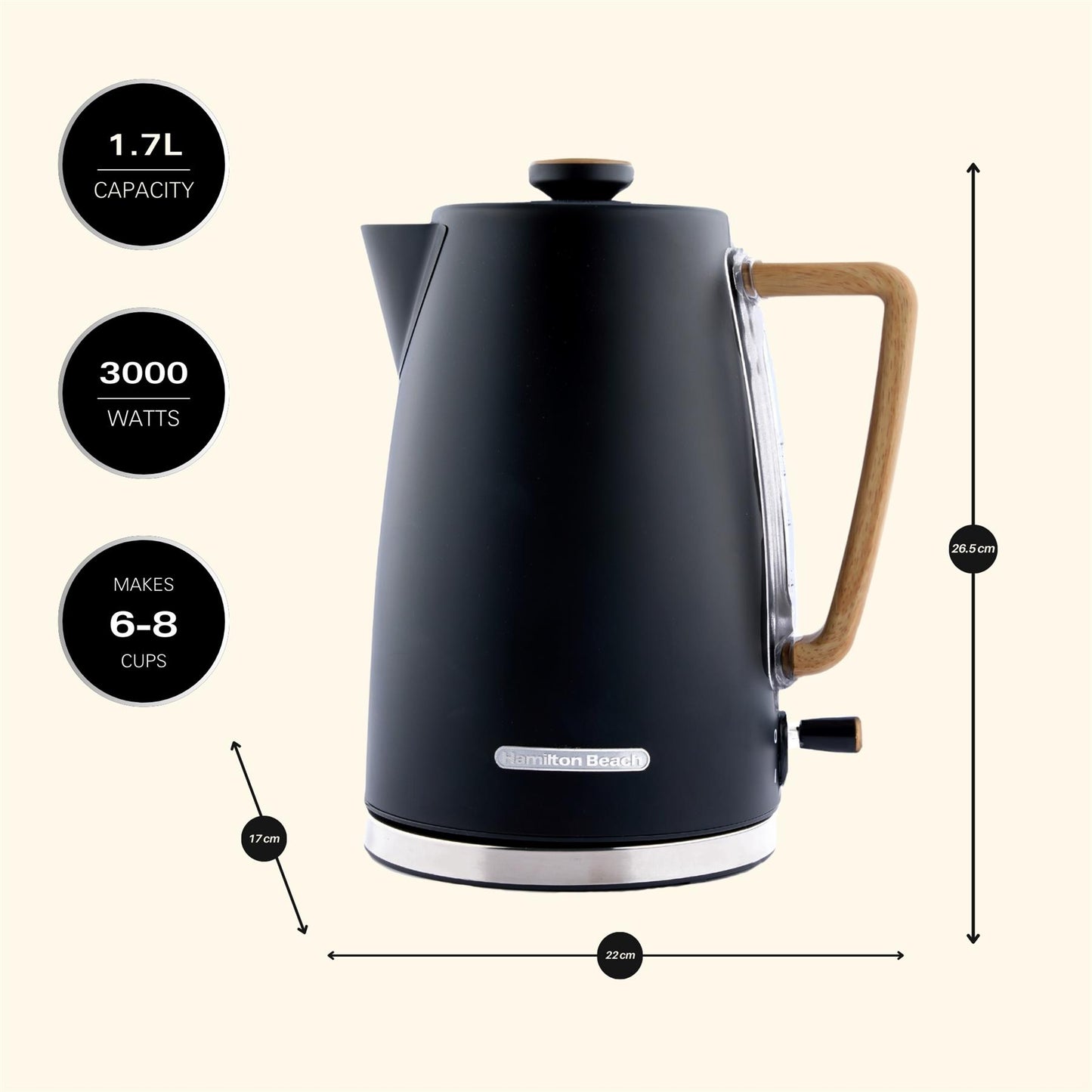 Hamilton Beach Scandi 1.7L Kettle Matte Black with Wood Effect