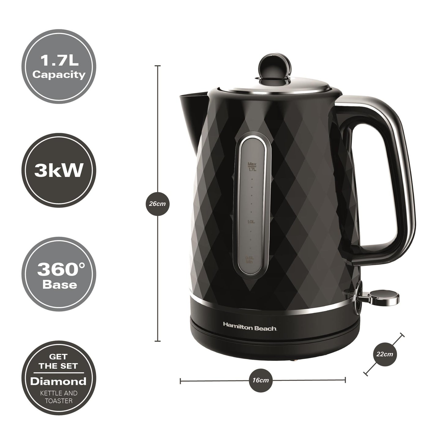 Hamilton Beach Diamond 1.7L Kettle Black