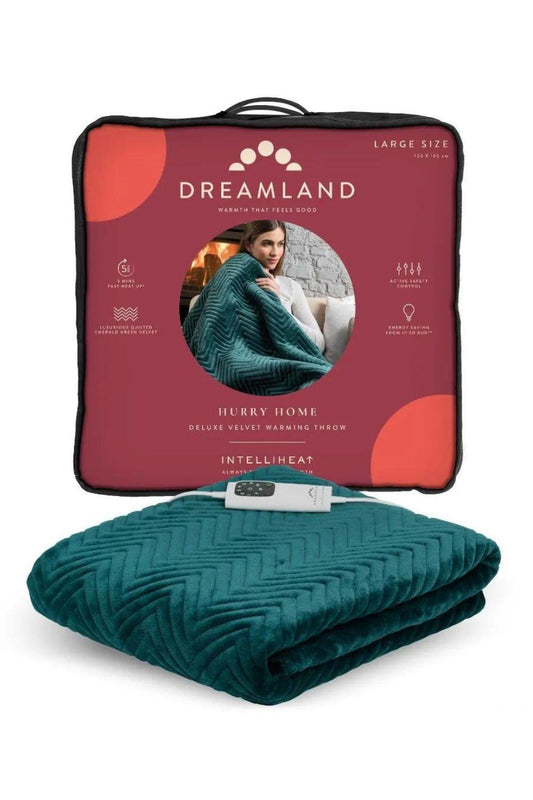 Dreamland Deluxe Velvet Herringbone Emerald Green Heated Throw