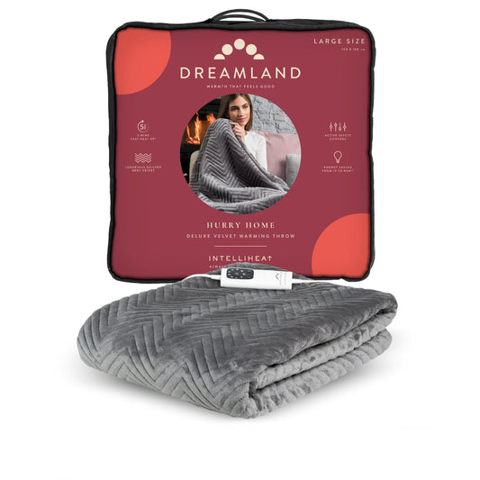 Dreamland Deluxe Velvet Herringbone Grey Heated Throw