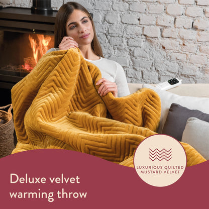 Dreamland Deluxe Velvet Herringbone Mustard Heated Throw