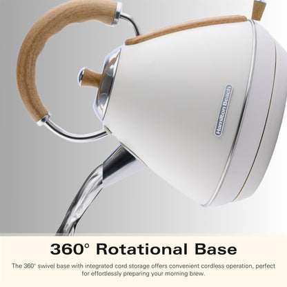 Hamilton Beach Scandi 1.7L Pyramid Kettle Matte Cream with Wood Effect