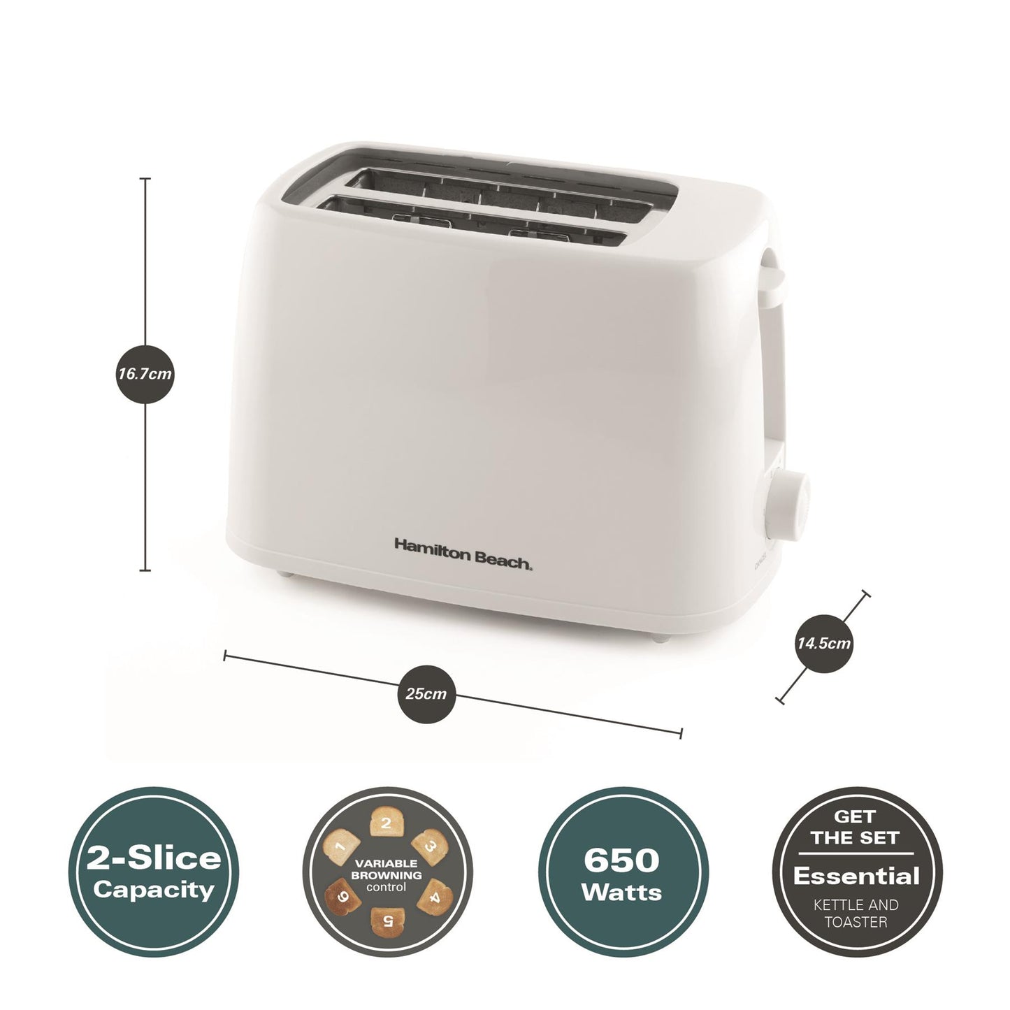 Hamilton Beach Compact 1L Kettle & Essential 2 Slice Toaster Set - White