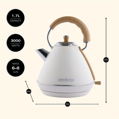 Hamilton Beach Scandi 1.7L Pyramid Kettle Matte Cream with Wood Effect