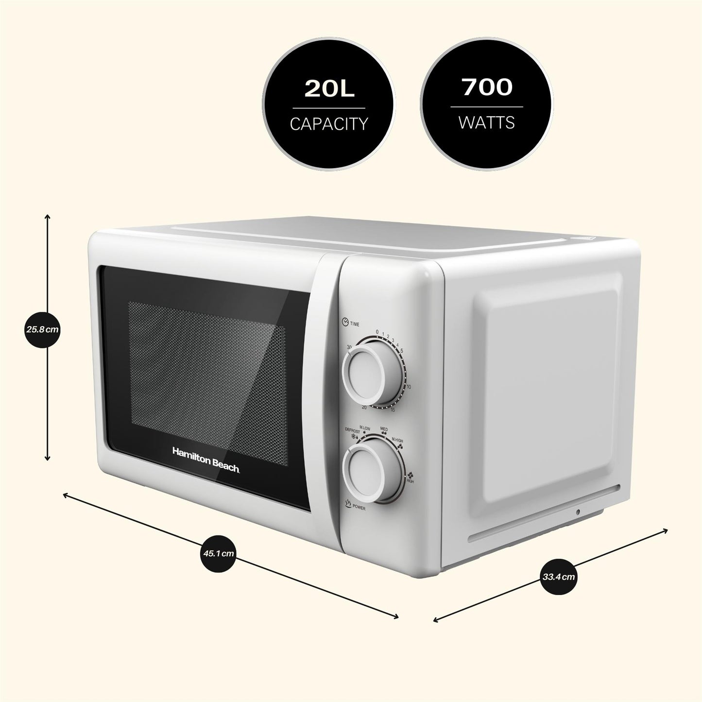 Hamilton Beach 20L Manual White Microwave With Stainless Steel Cavity