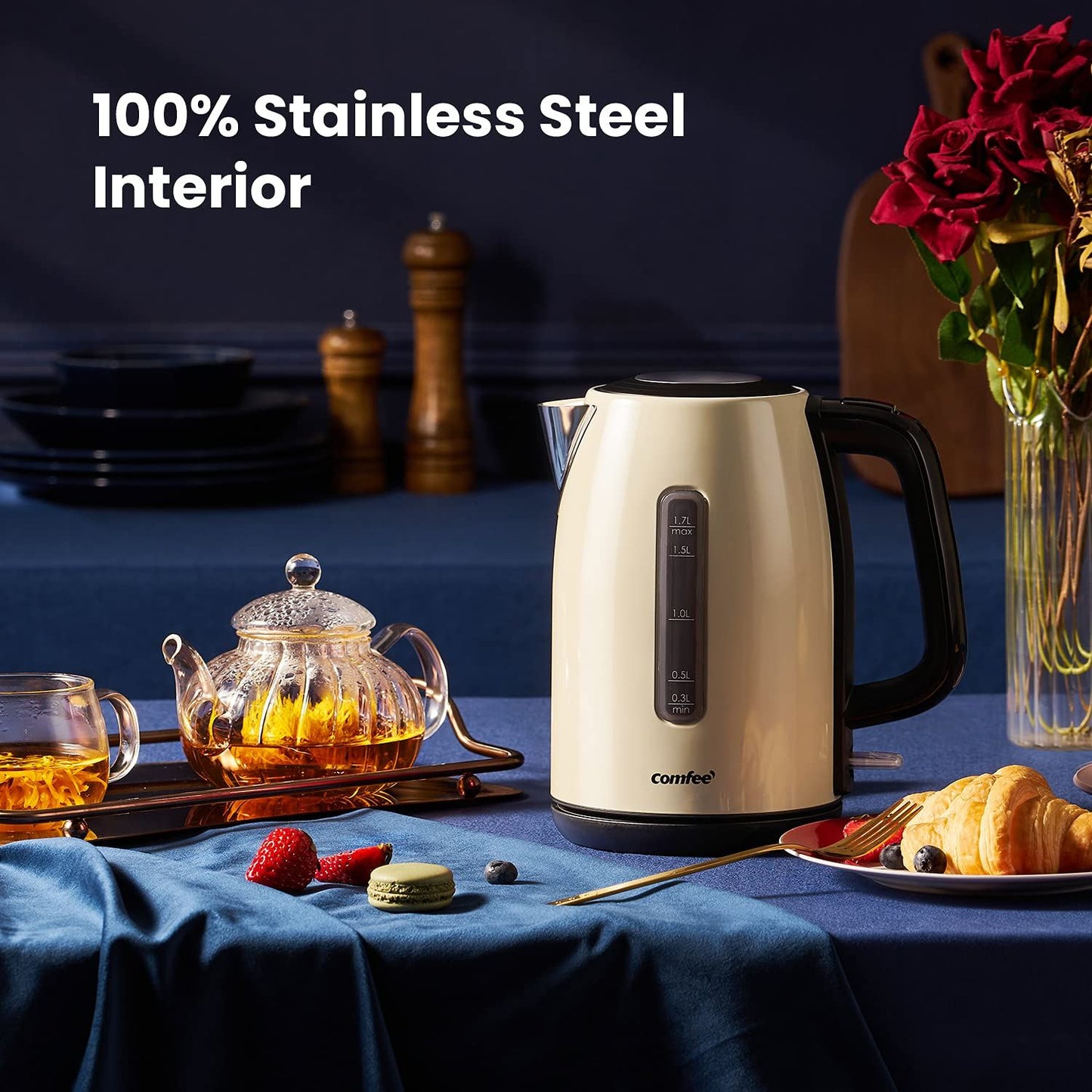 COMFEE' Electric 1.7L Brushed Stainless Steel Kettle